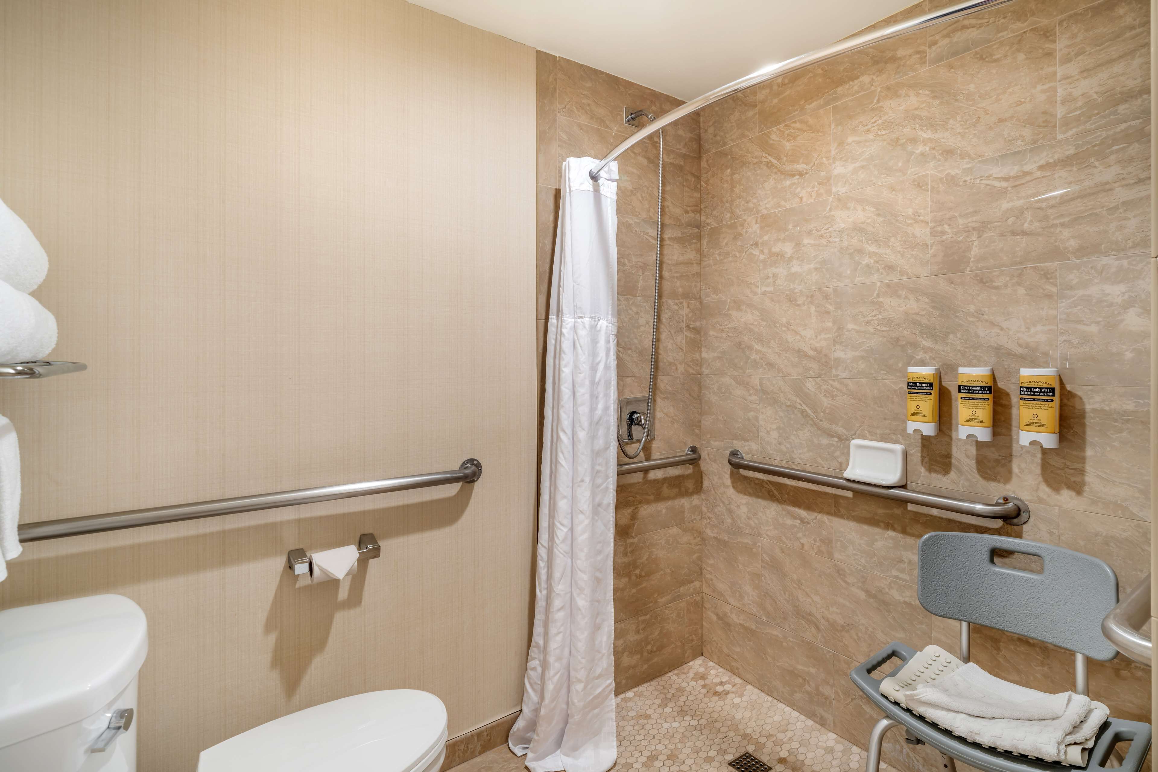 A bathroom with a shower, toilet, and grab bars. There are toiletries on the wall.