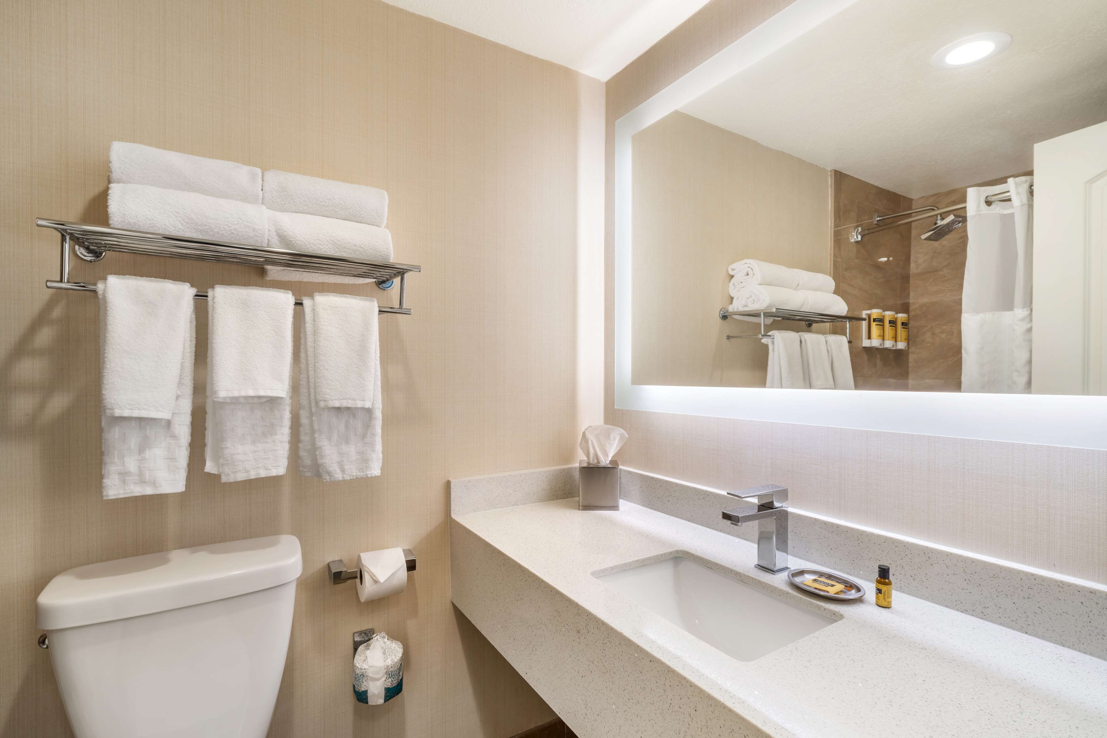 combined shower/bathtub, eco-friendly toiletries, hair dryer, towels