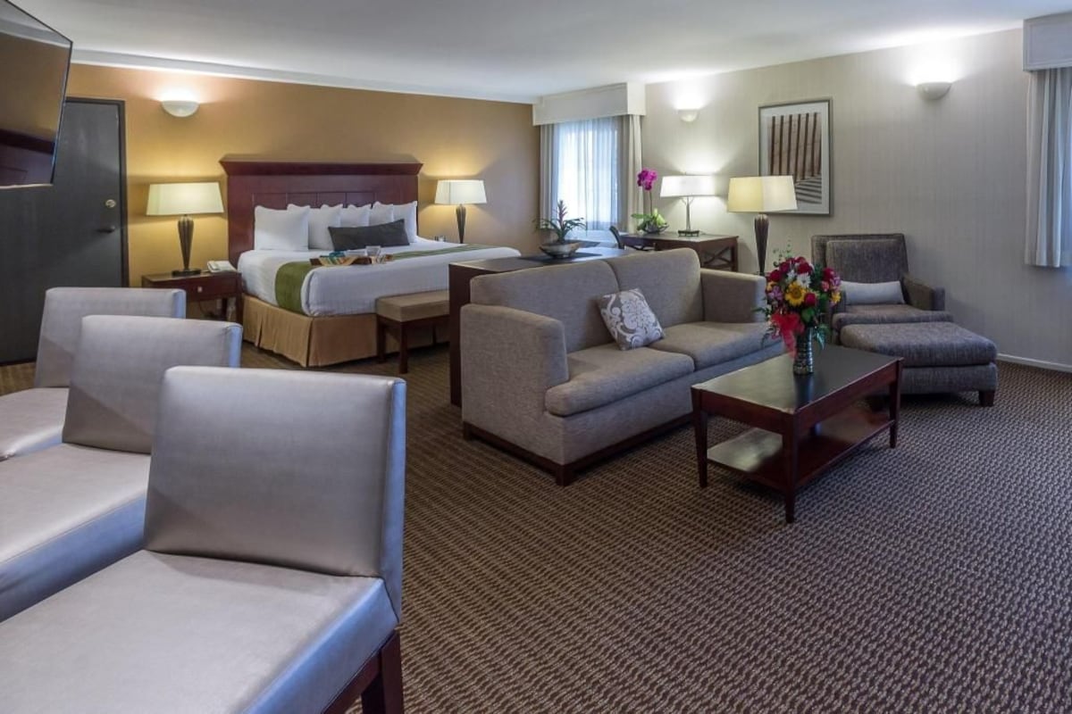 Habitación de hotel con cama, dos sofás, una mesa de centro y un escritorio con lámpara.