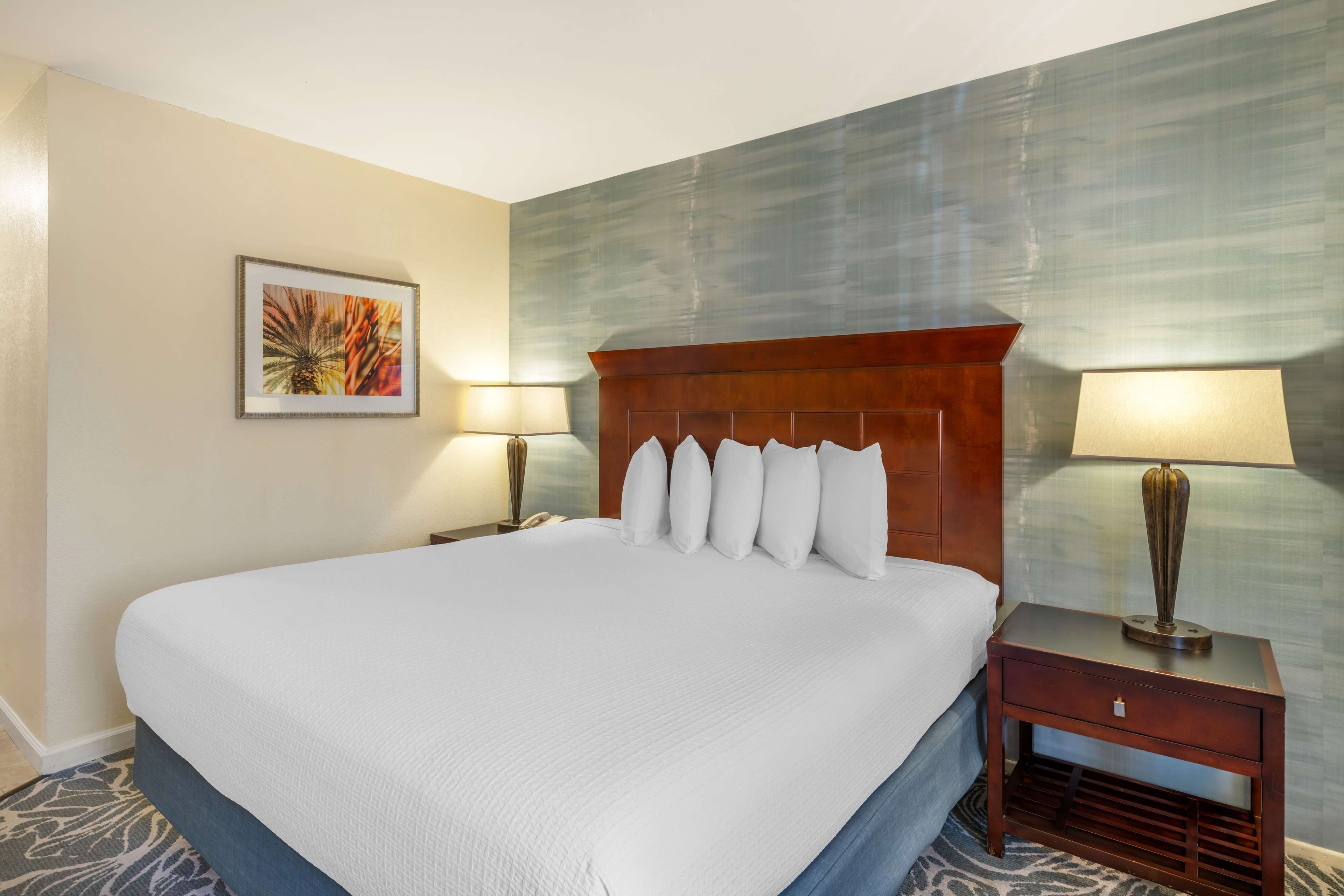 A hotel room with a large bed, two bedside tables with lamps, a framed picture on the wall, and a textured wall.