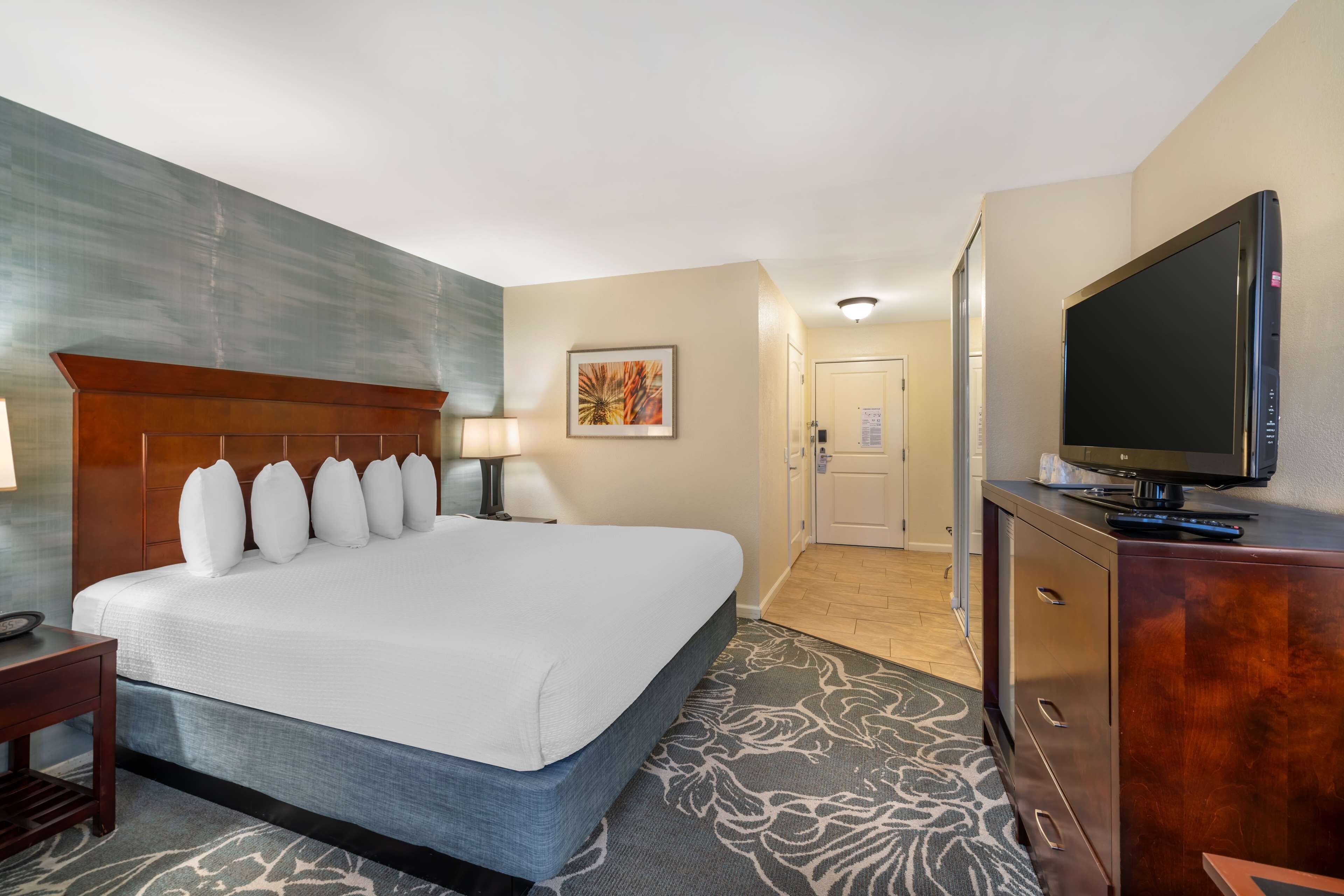 A hotel room with a large bed, a TV, a wooden headboard, a desk with a lamp, and a patterned rug.