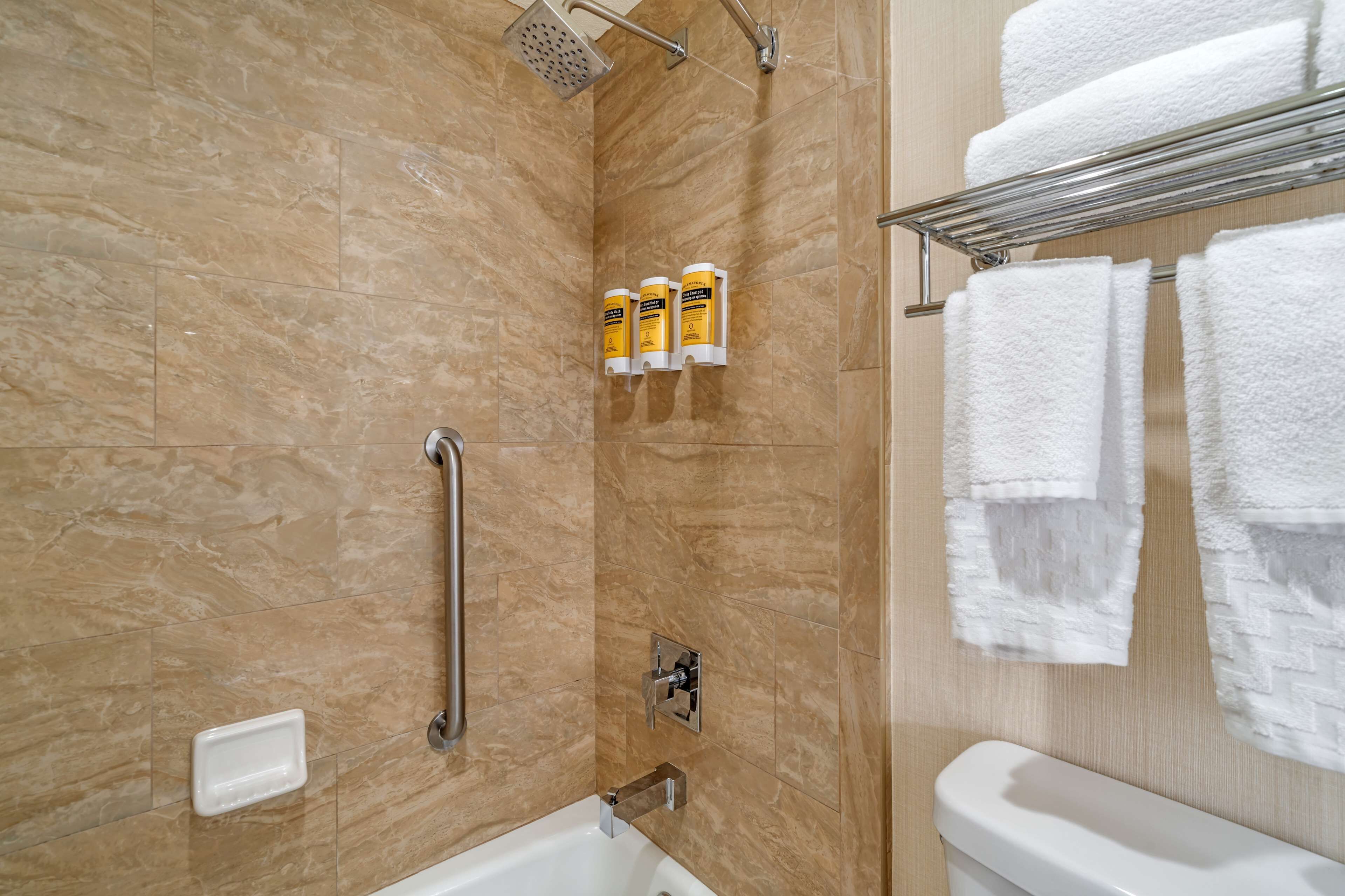 Een badkamer met een douche, toilet en een handdoekrek met handdoeken.