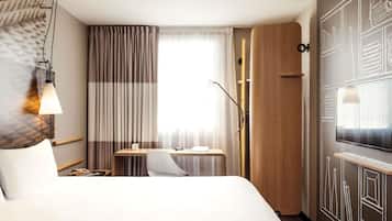 Premium bedding, desk, blackout curtains, soundproofing