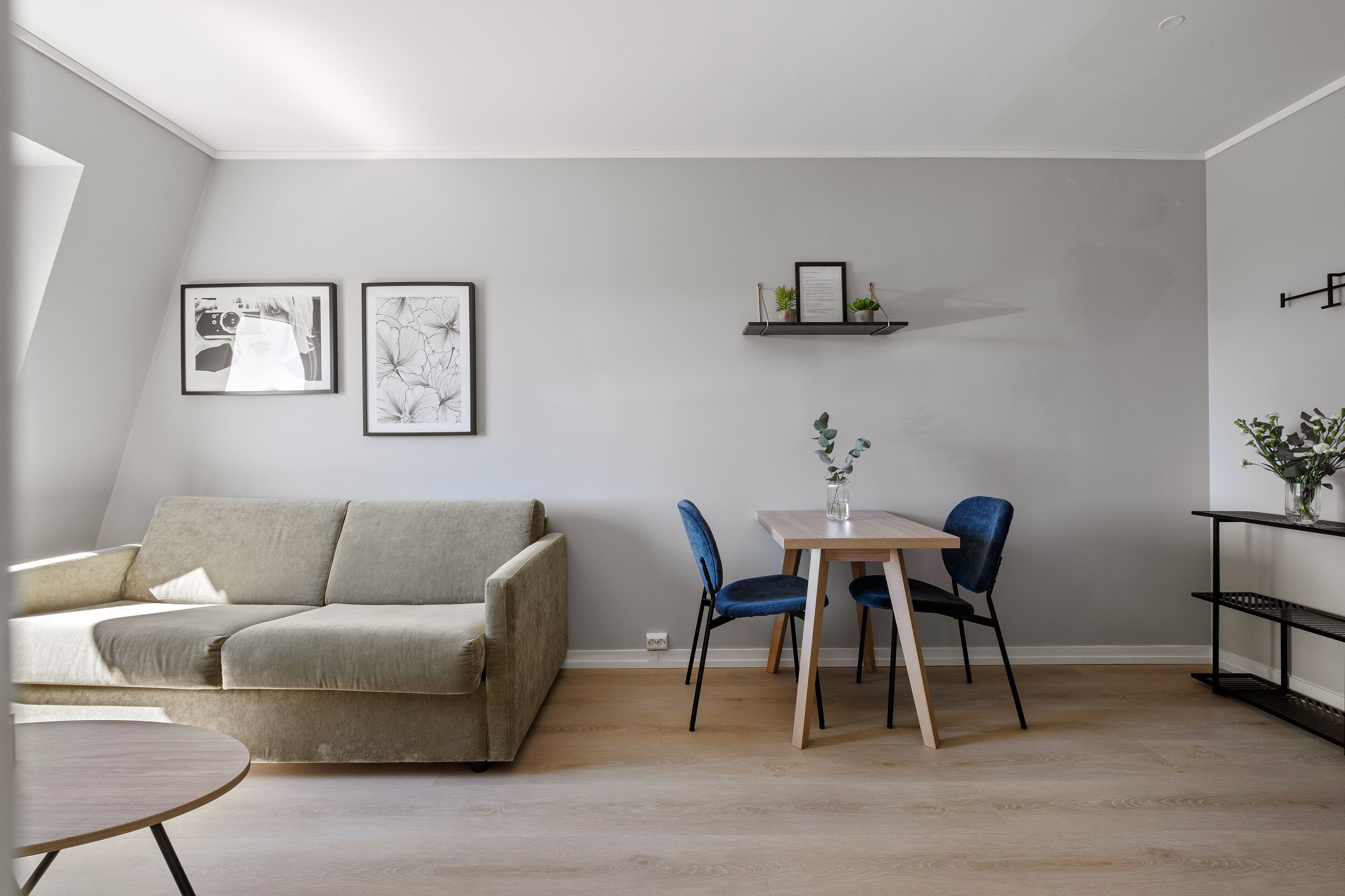 A modern living room with a sofa, a dining table with chairs, and a small shelf with plants.