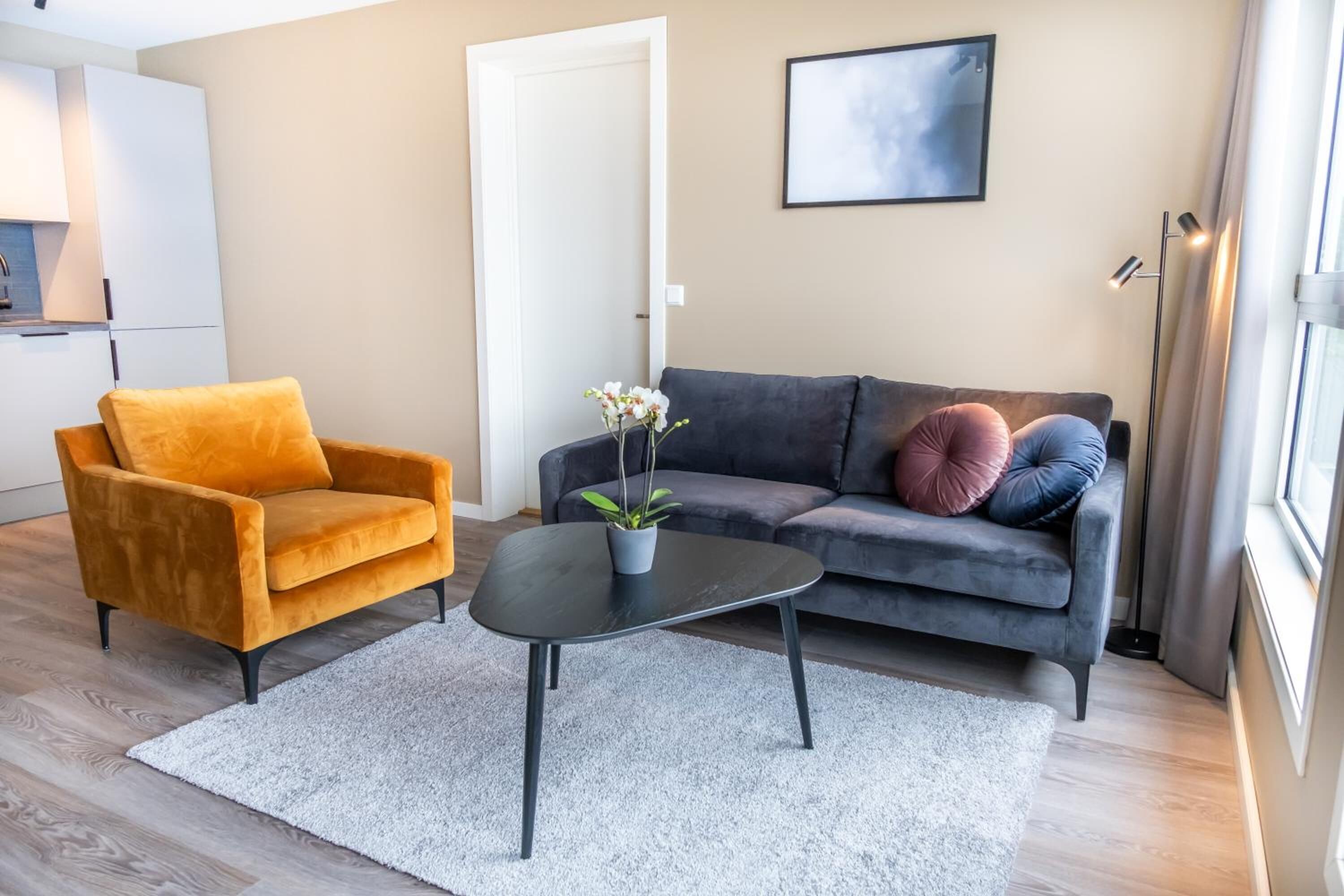 A modern living room with a sofa, armchair, coffee table, and a potted plant.