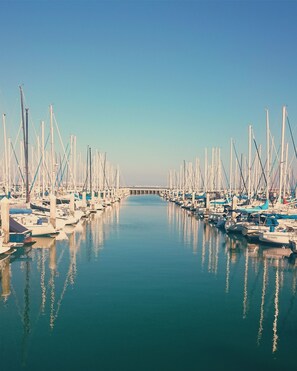 A marina with numerous boats docked along a calm waterway, a bridge in the background, and a clear sky. - Best Western Geelong Motor Inn & Serviced Apartments (Geelong)