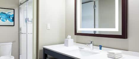 Ein modernes Badezimmer mit Duschkabine aus Glas, einem weißen Waschbecken mit Spiegel und einer Toilette.