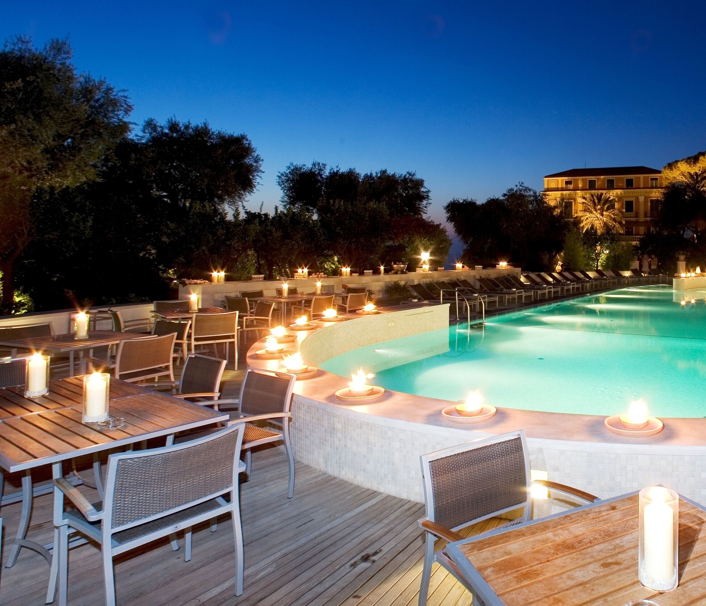 seasonal outdoor pool, pool umbrellas, pool loungers