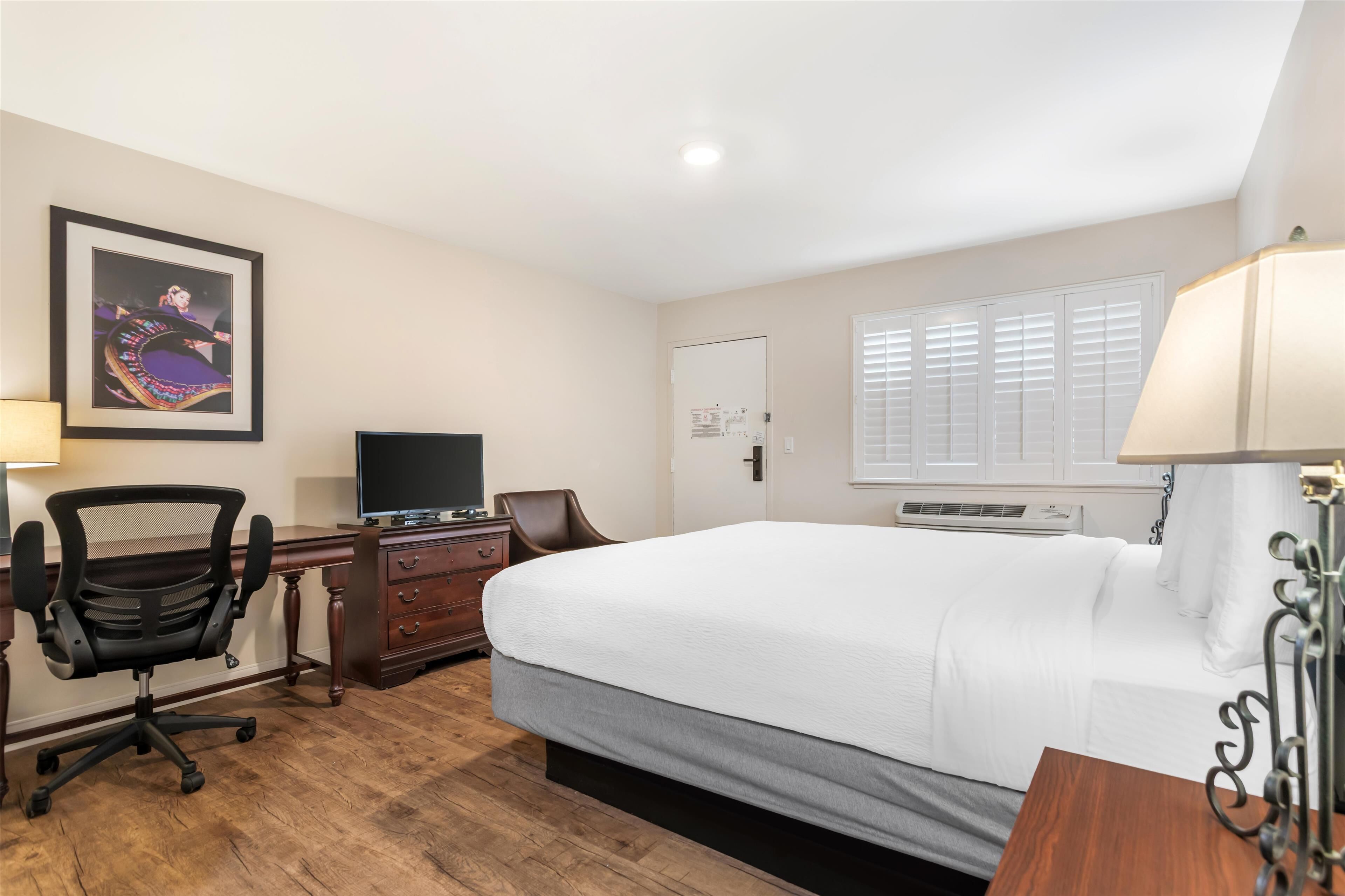 A hotel room with a bed, desk, chair, television, and artwork on the wall.
