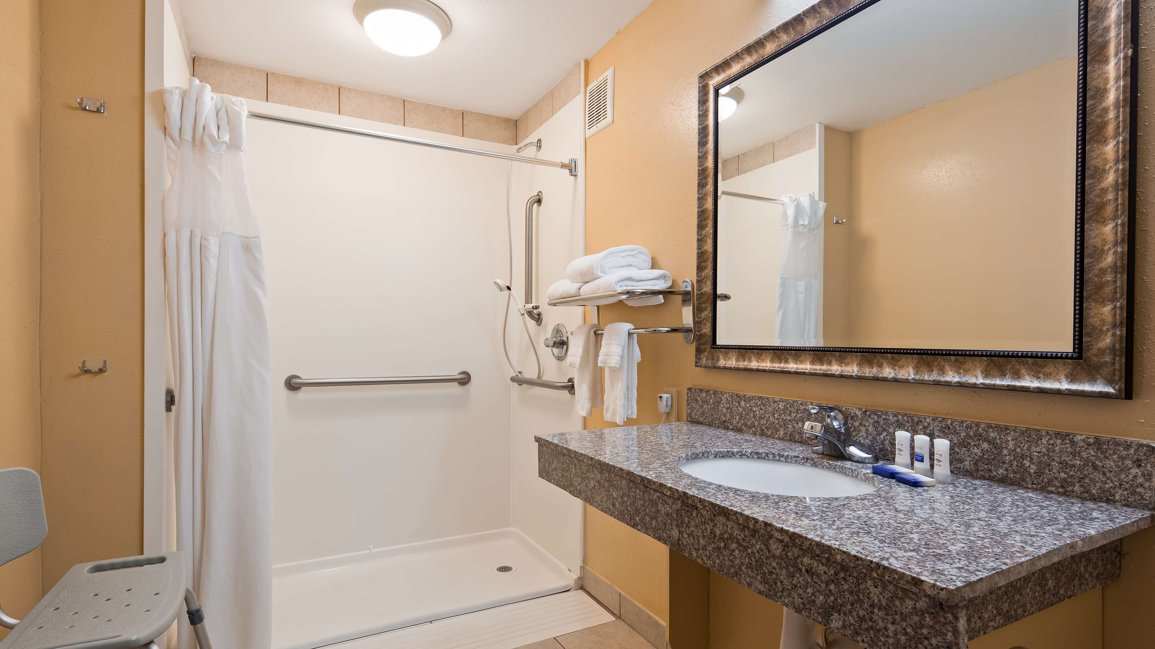 A bathroom with a shower, grab bars, a sink with toiletries, and a mirror.