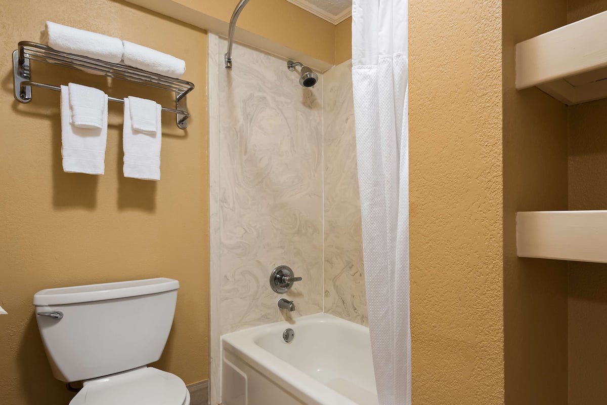 A bathroom with a toilet, a bathtub, and a shower. There are towels hanging on a rack.