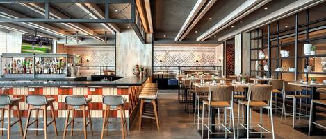 A modern bar area with stools, a counter with bottles, and a seating area with tables and chairs.