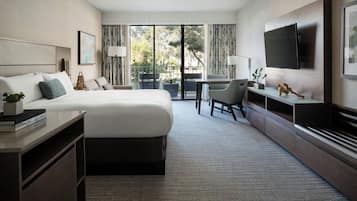 Habitación de hotel con una cama grande, un escritorio, una silla, un televisor y un balcón con vistas a árboles.