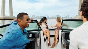 A boat with passengers, a city skyline in the background, and a bridge structure.