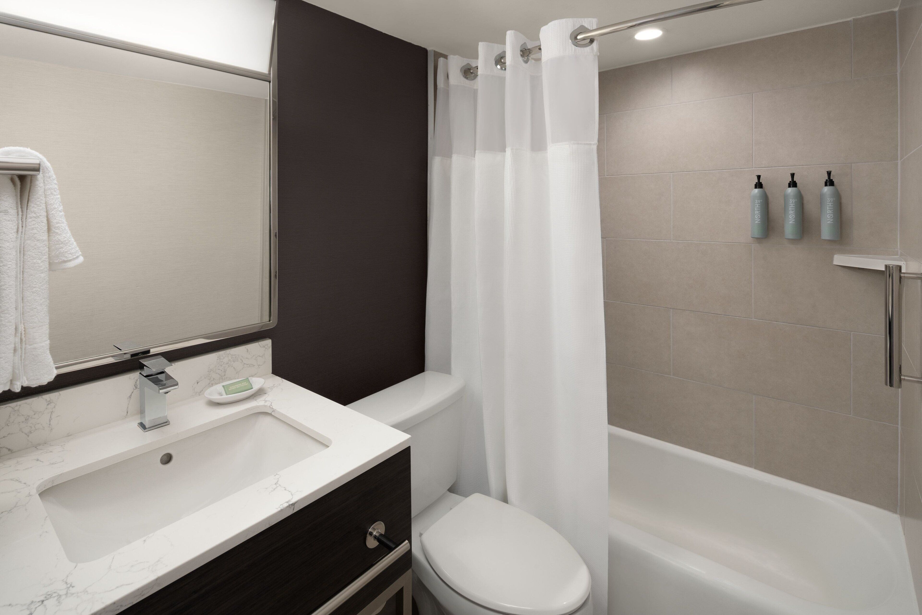 combined shower/bathtub, free toiletries, hair dryer, towels