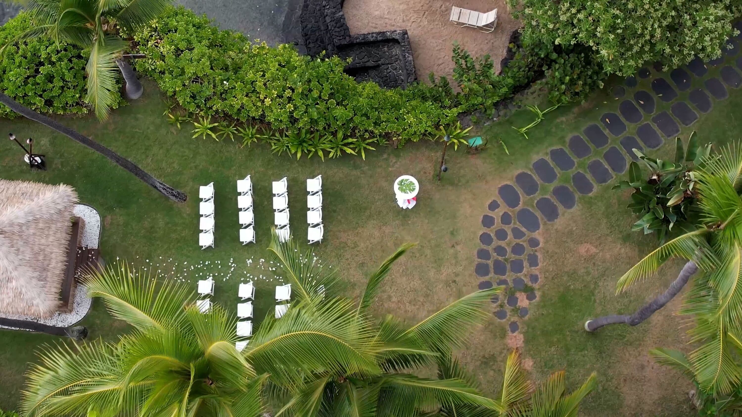 An aerial view of a resort with a pool, lounge chairs, and palm trees.