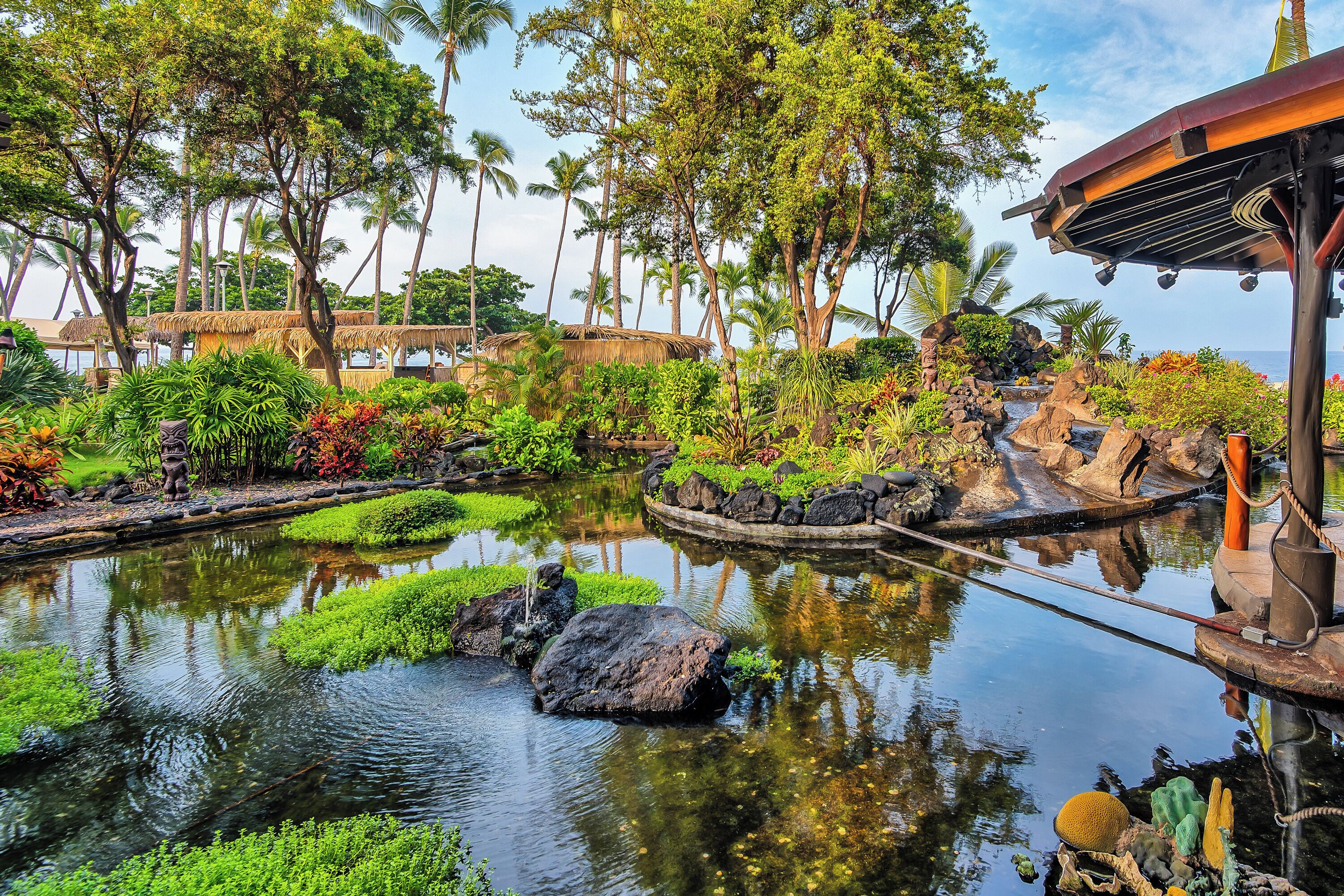 Un jardín tropical con un estanque, estructuras de techo de paja y abundante vegetación.