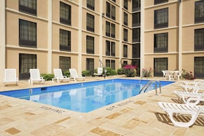 Seasonal outdoor pool, open 10:00 AM to 9:00 PM, sun loungers