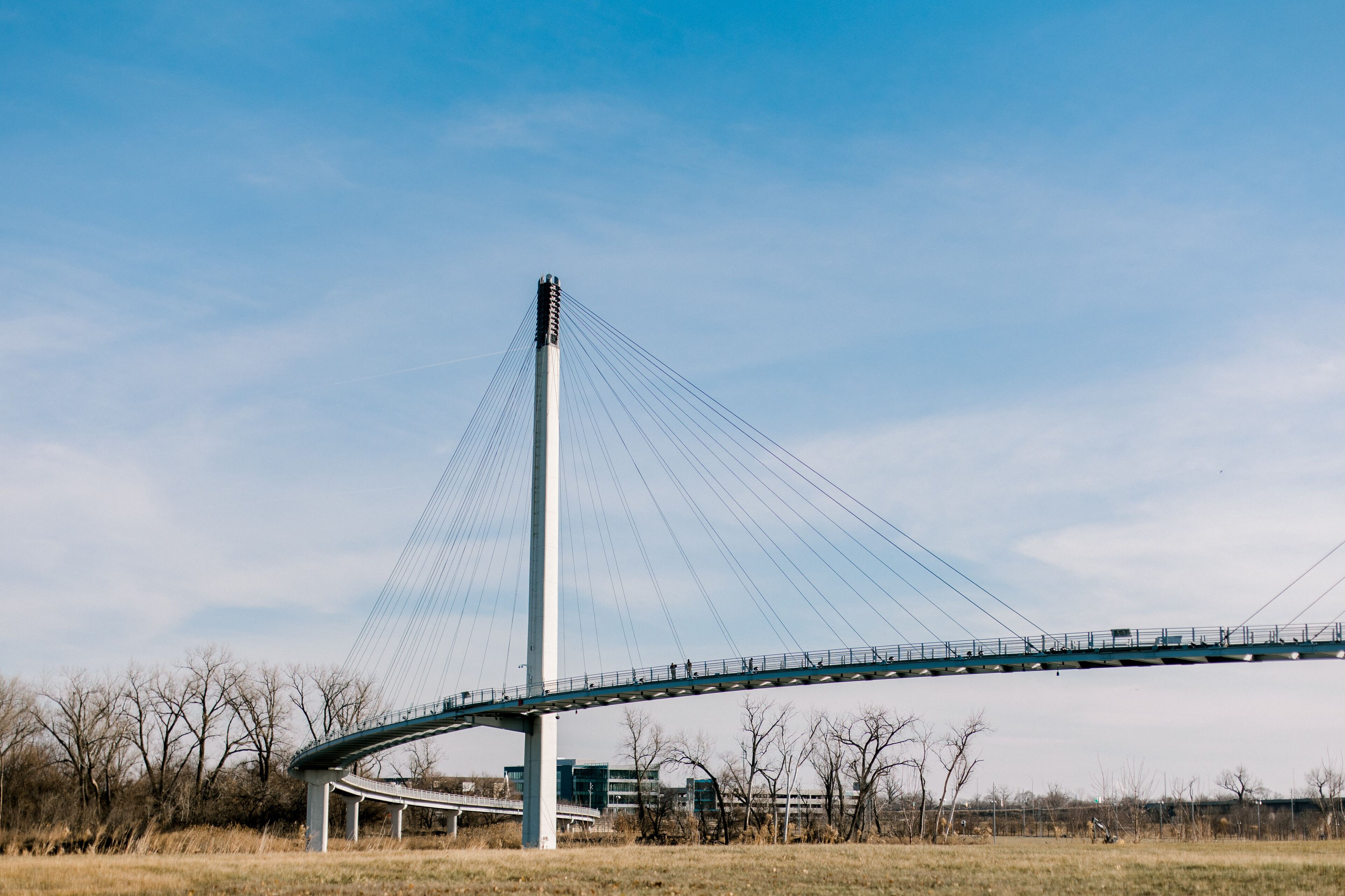 A large cable-stayed bridge with a central tower and multiple cables.