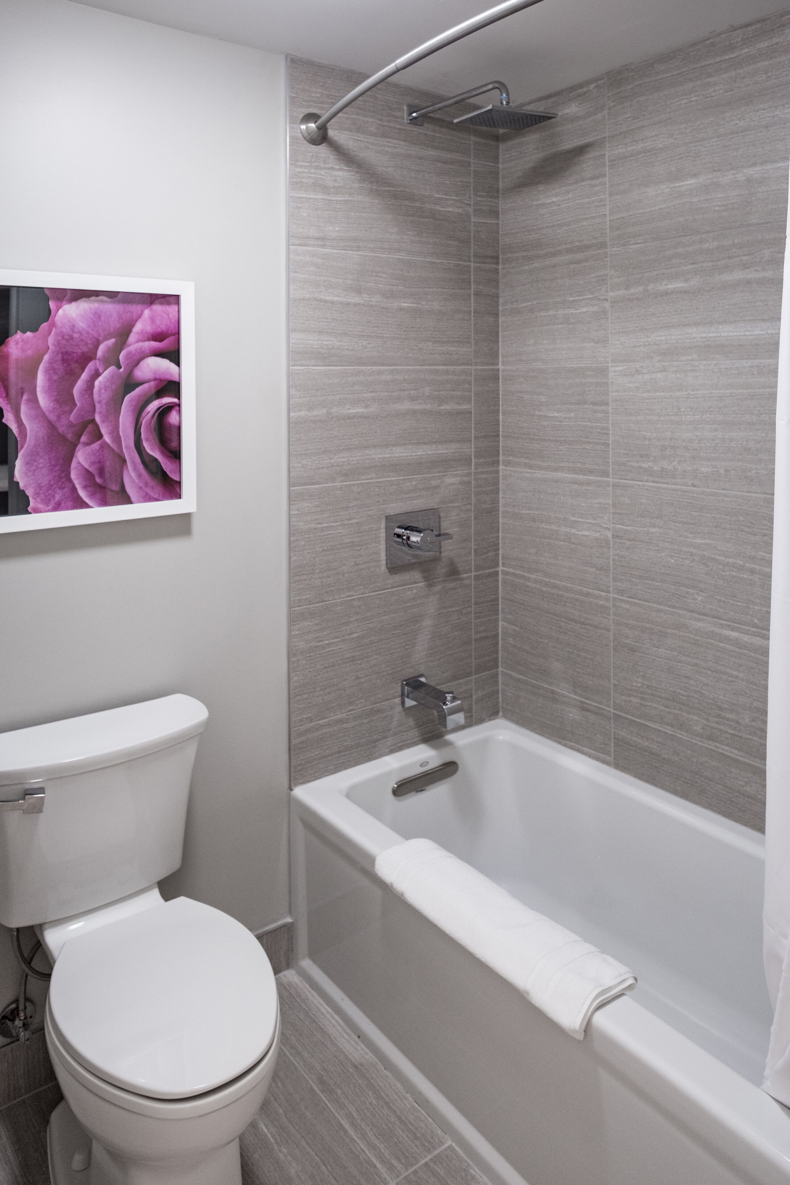 A modern bathroom with a toilet, a shower, and a bathtub.