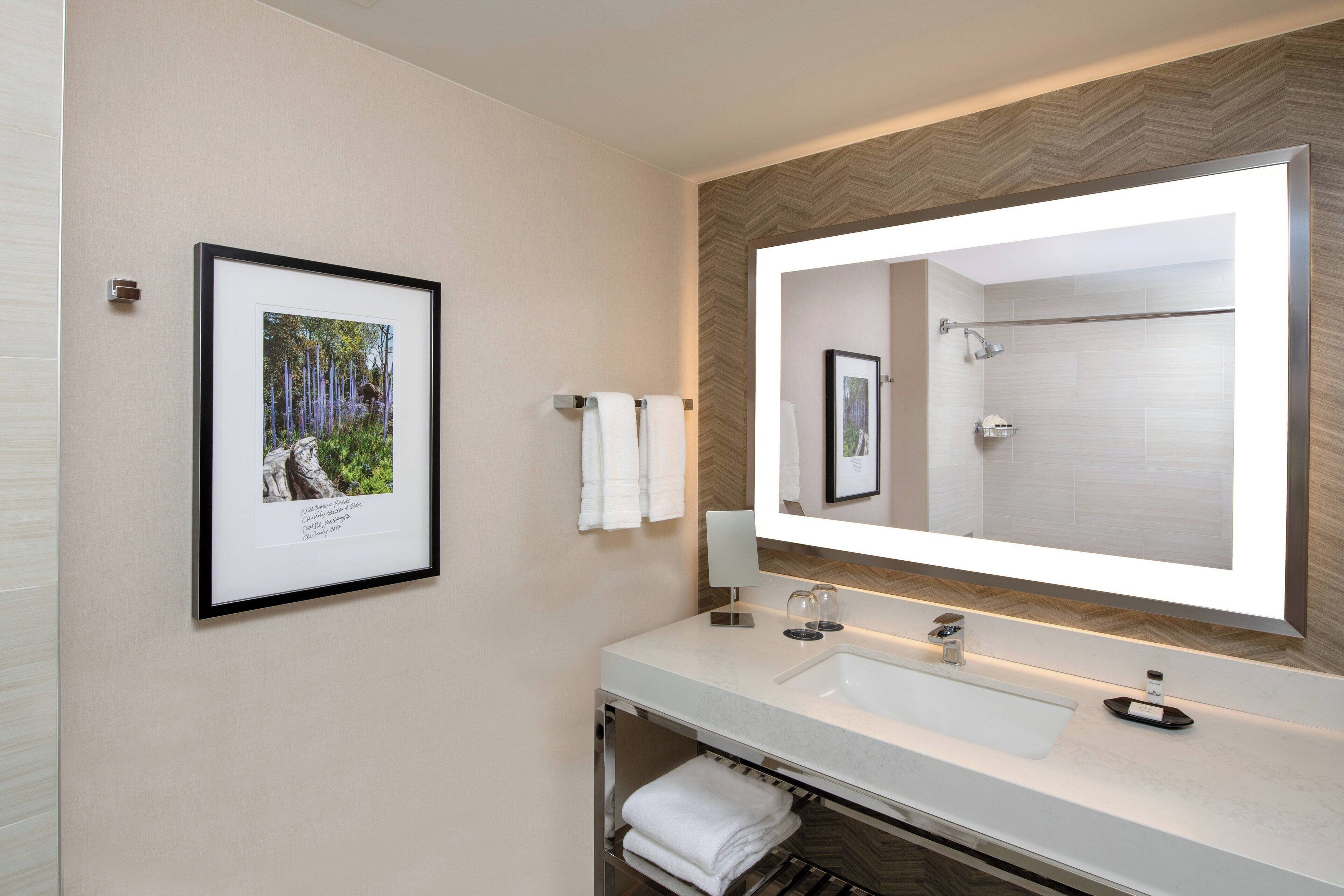 A modern bathroom with a large mirror, white sink, and a framed picture on the wall.