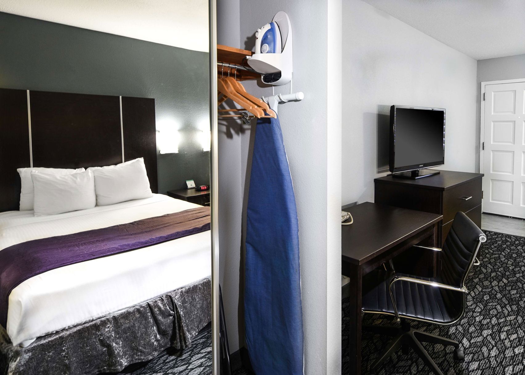 Camas con pillow-top, escritorio y tabla de planchar con plancha 