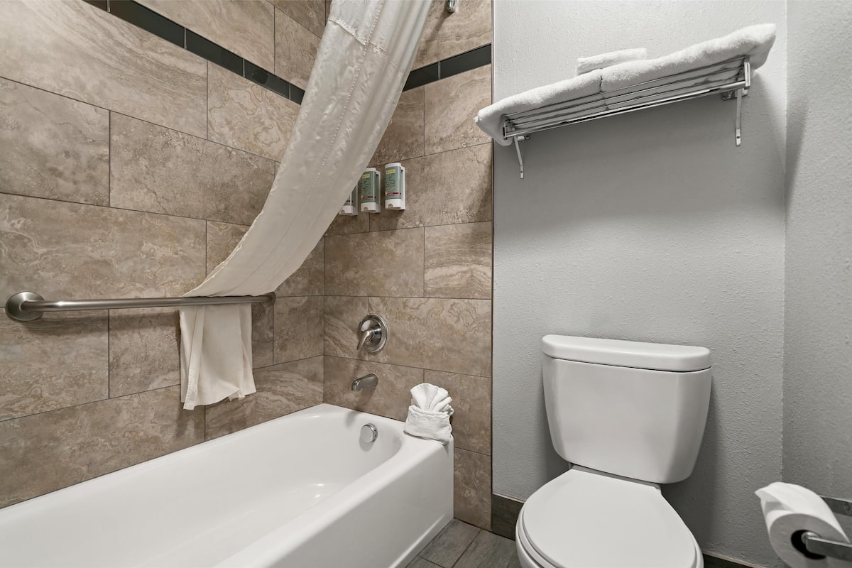 standard room, 1 king bed, non smoking, microwave (larger room) | bathroom | combined shower/bathtub, free toiletries, hair dryer, towels