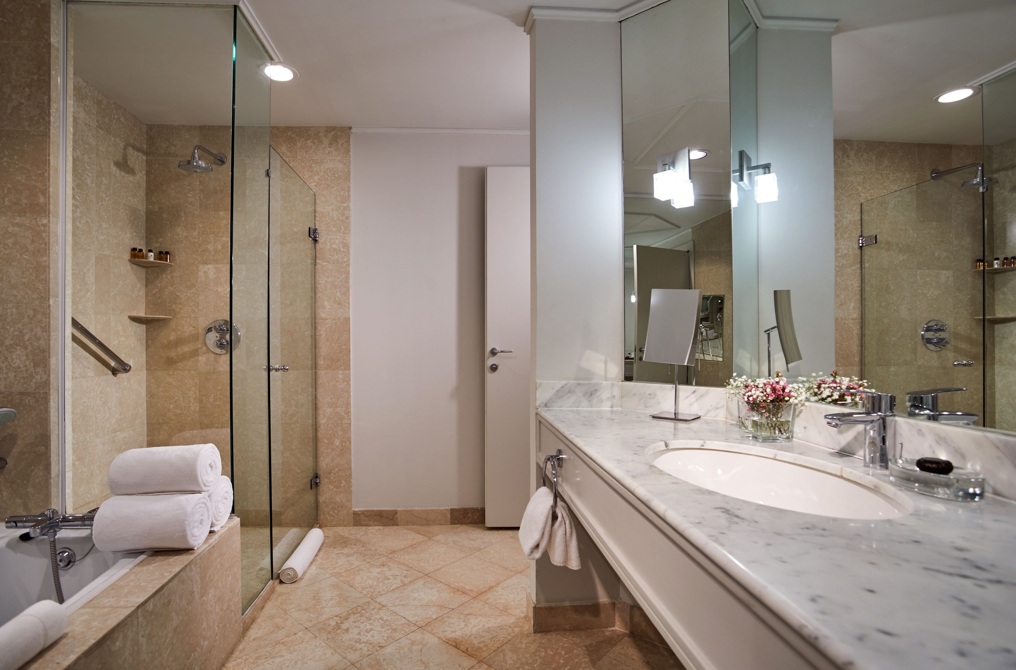 separate bathtub and shower, hydromassage showerhead, free toiletries