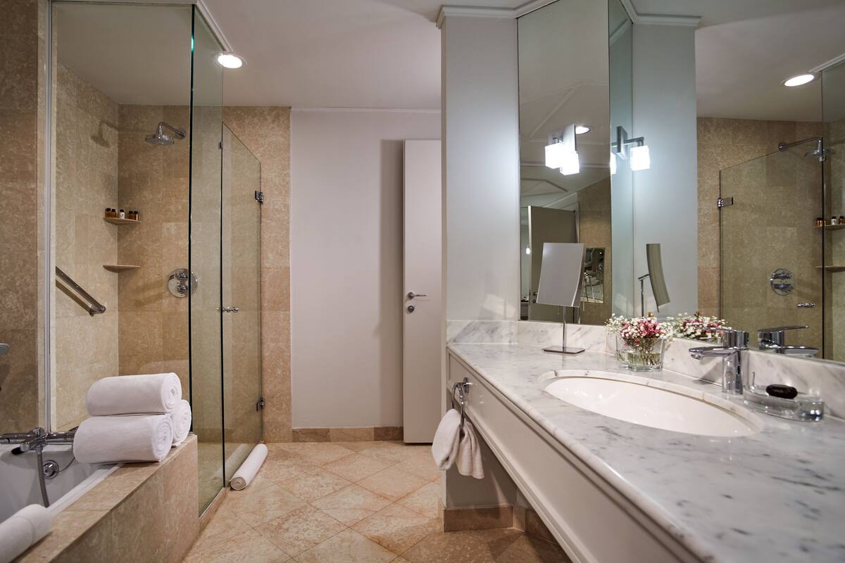 separate bathtub and shower, hydromassage showerhead, free toiletries