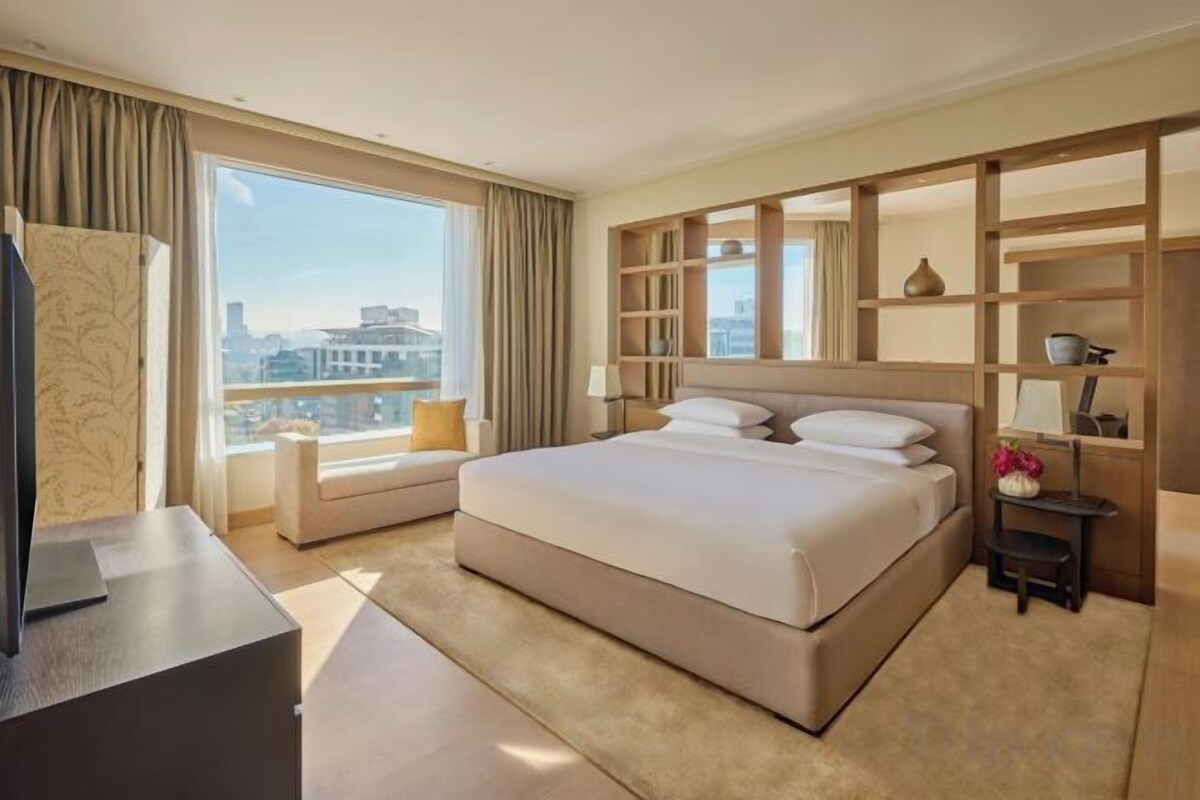 A hotel room with a large bed, a desk, a TV, a window with a city view, and a bookshelf.