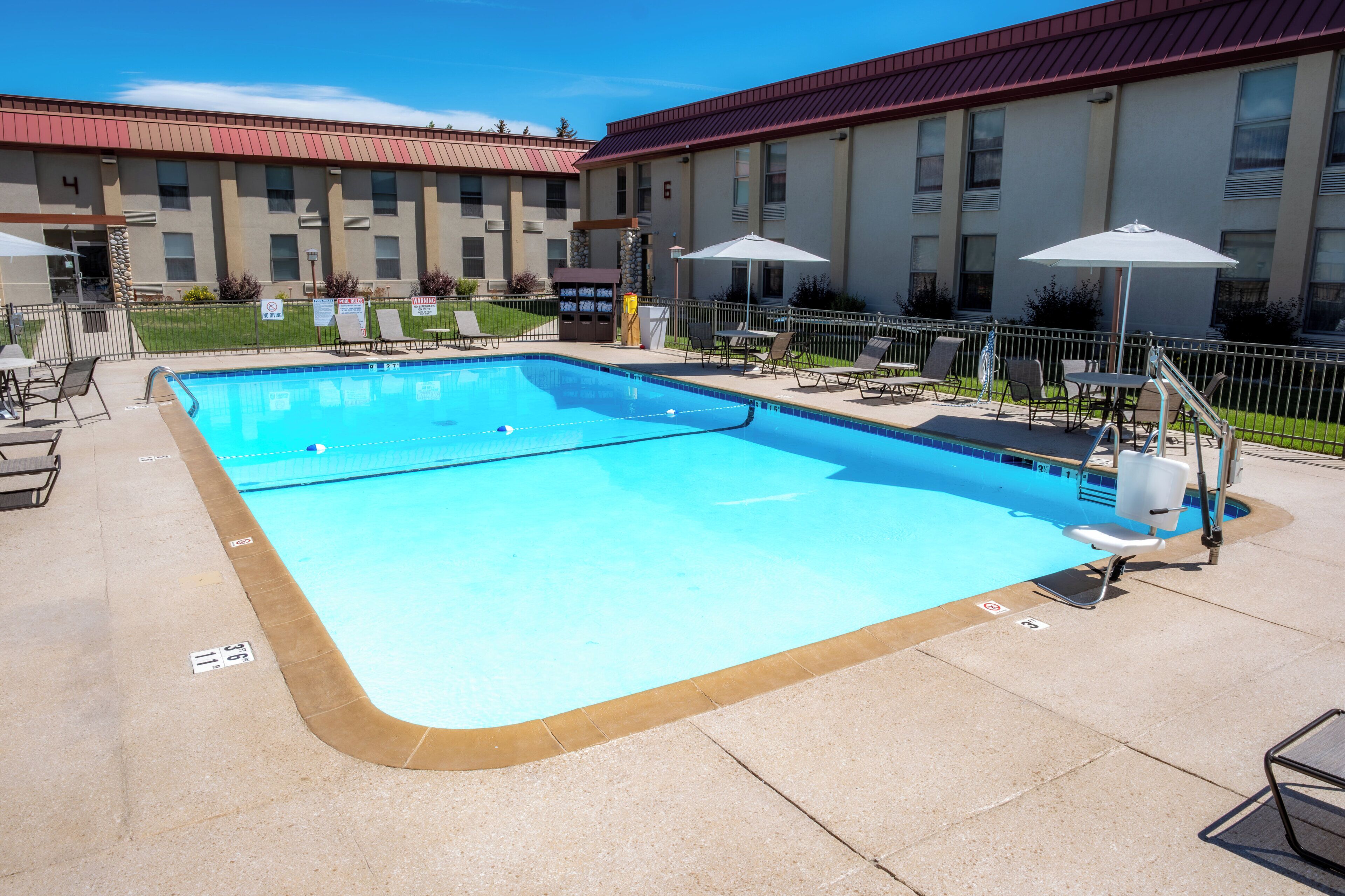 A rectangular swimming pool with a tiled edge, surrounded by lounge chairs and umbrellas, with a building in the background.