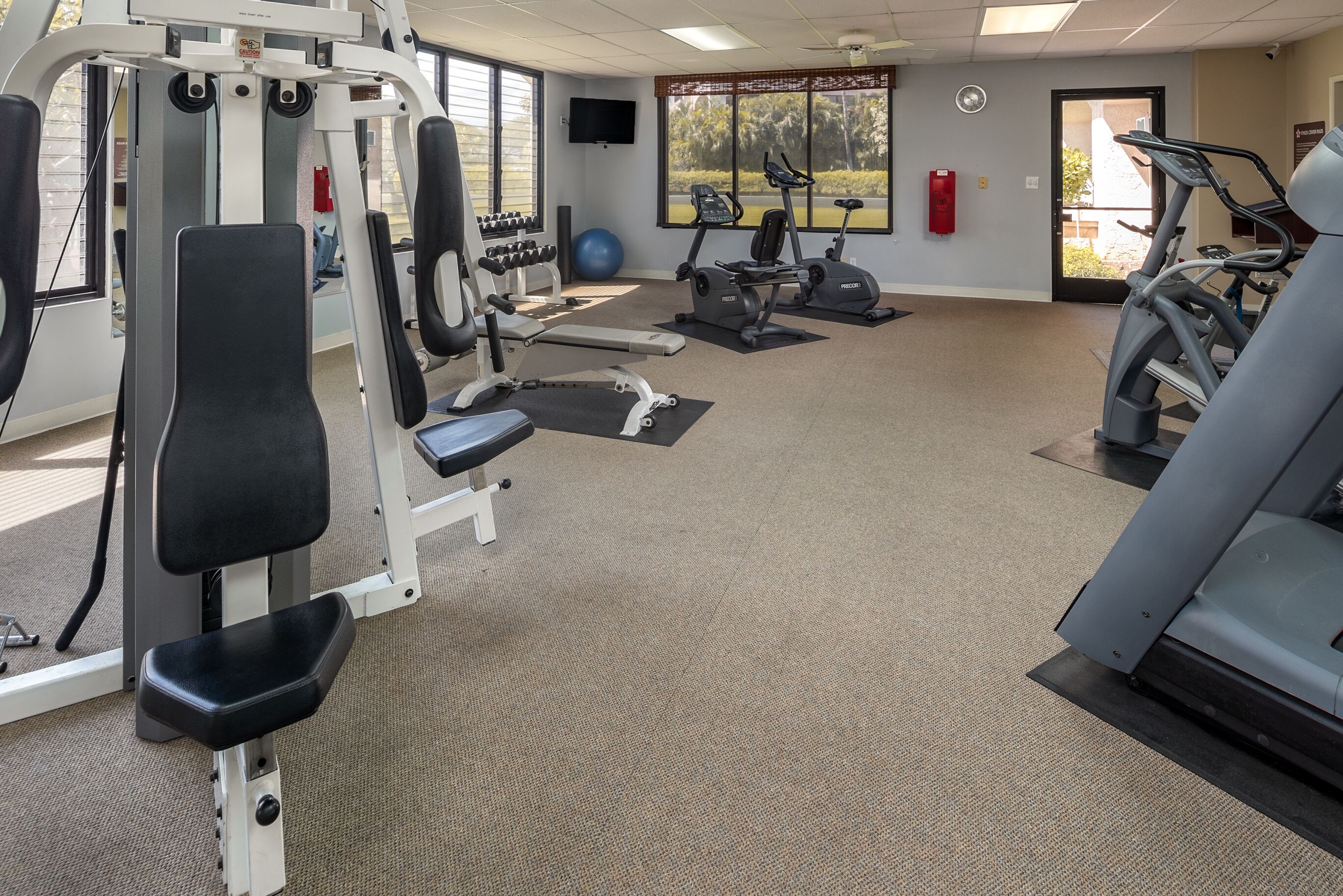 Ein Fitnessstudio mit unterschiedlichen Trainingsgeräten, darunter Laufbänder, Crosstrainer und Kurzhanteln.