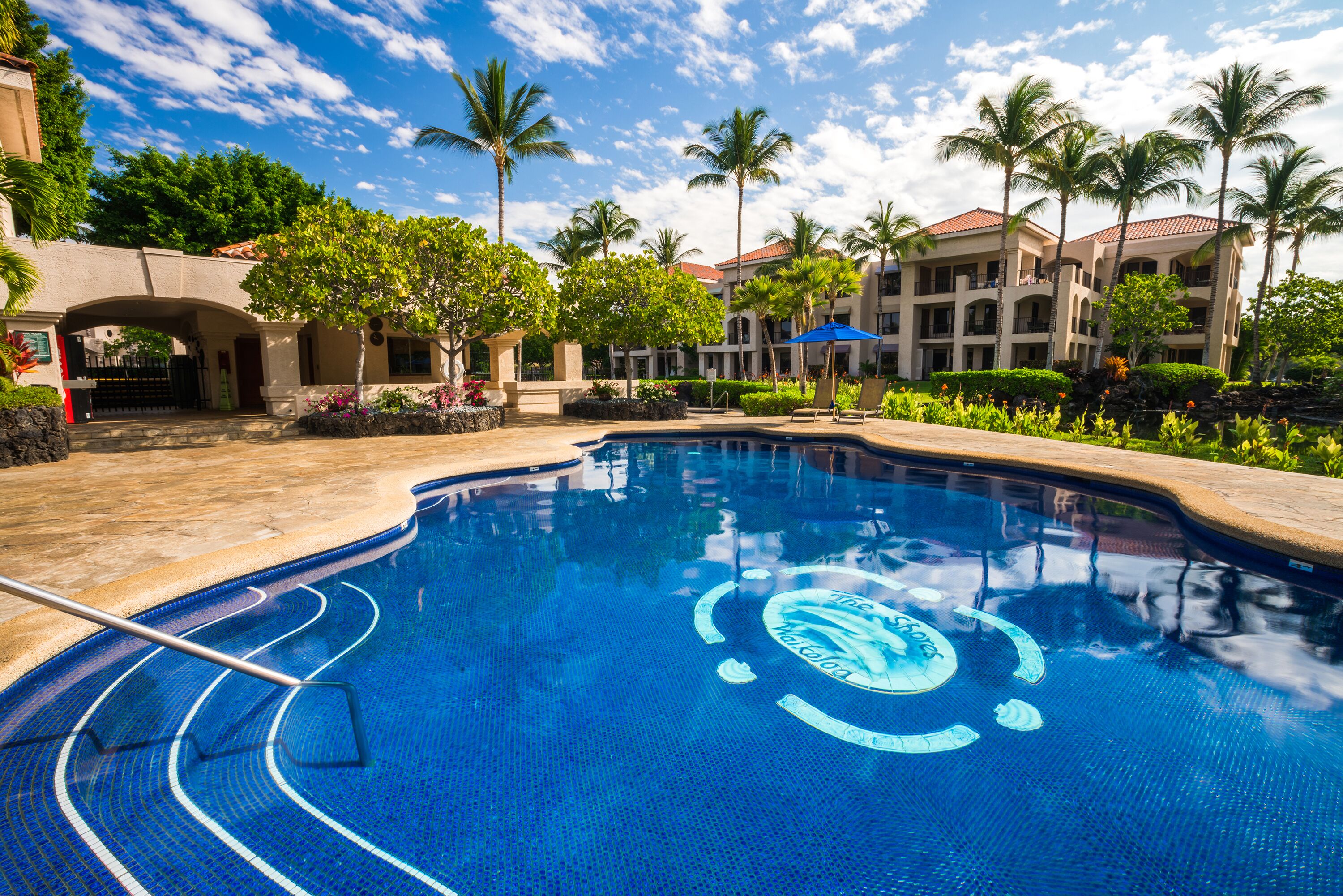 A swimming pool with a circular design, surrounded by palm trees and a building with a red-tiled roof.