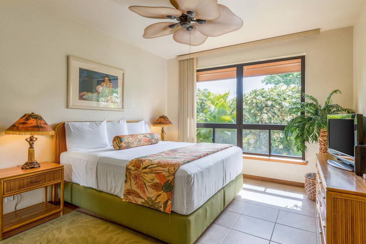 A hotel room with a bed, two bedside lamps, a ceiling fan, a large window with a view of greenery, a television on a wooden cabinet, and a framed picture on the wall.