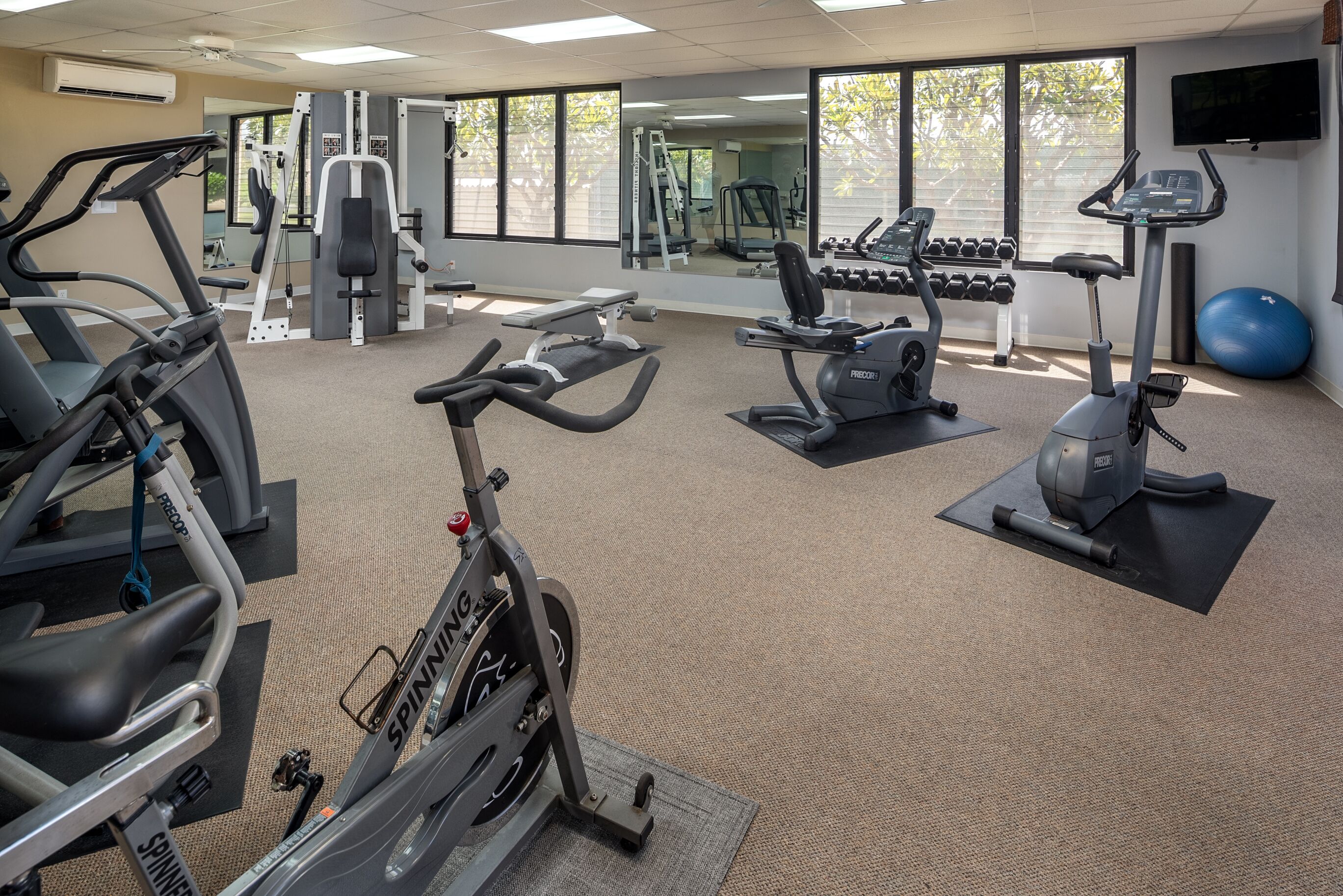 Une salle de sport équipée de divers appareils d’exercice, notamment des tapis de course, des vélos elliptiques et des poids libres.
