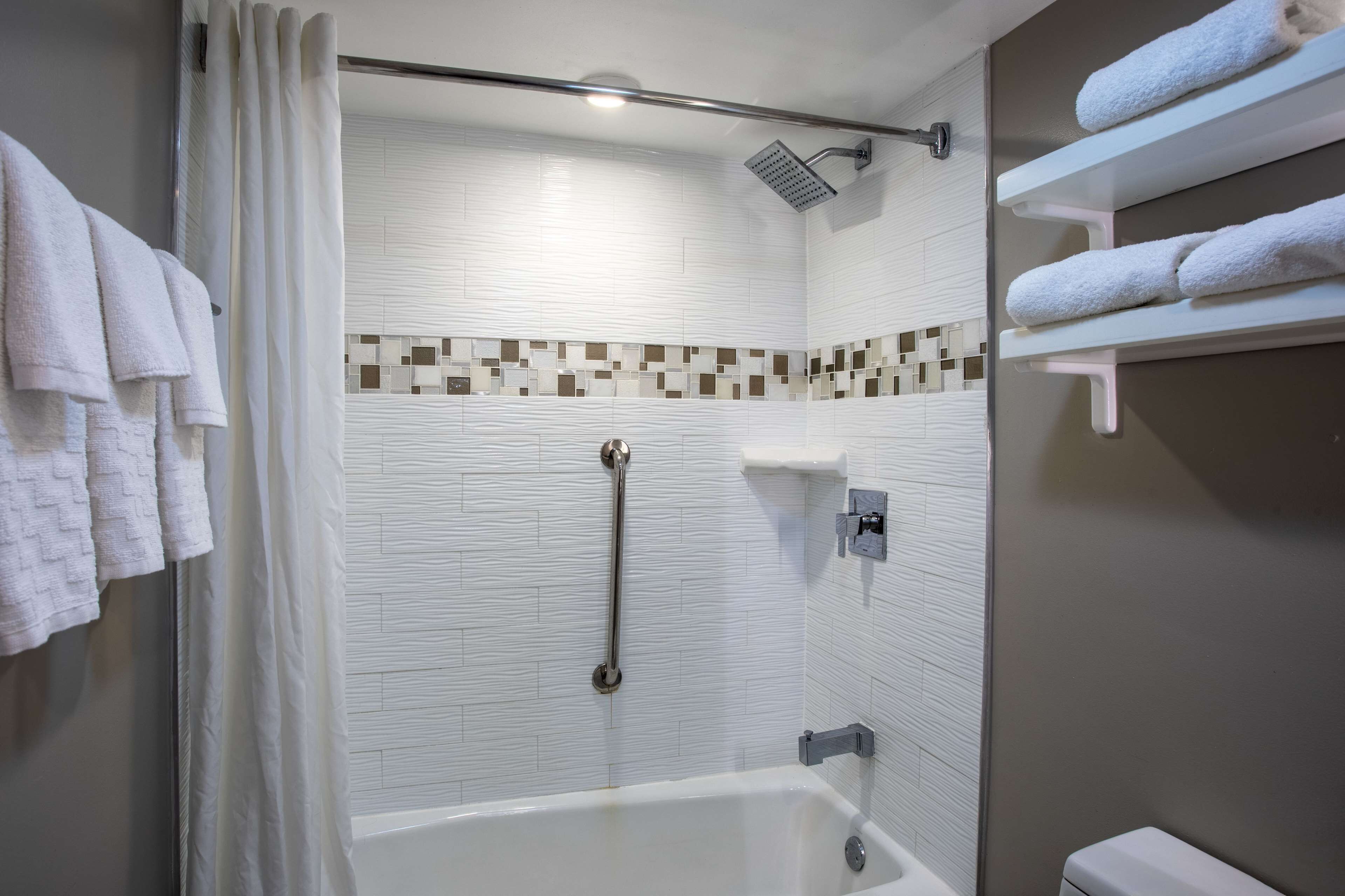 Une salle de bain moderne équipée d’une douche, de barres d’appui et de porte-serviettes.