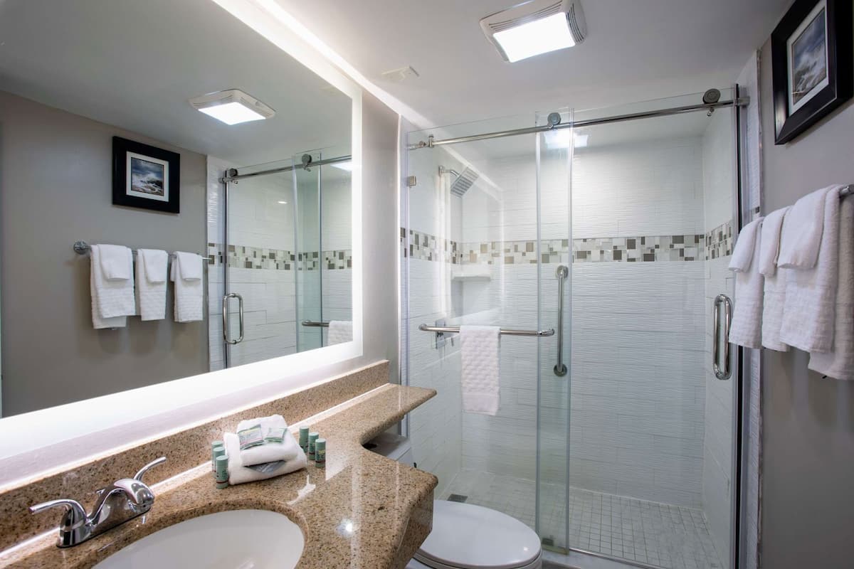 A modern bathroom with a glass-enclosed shower, a sink with a granite countertop, and a large mirror.