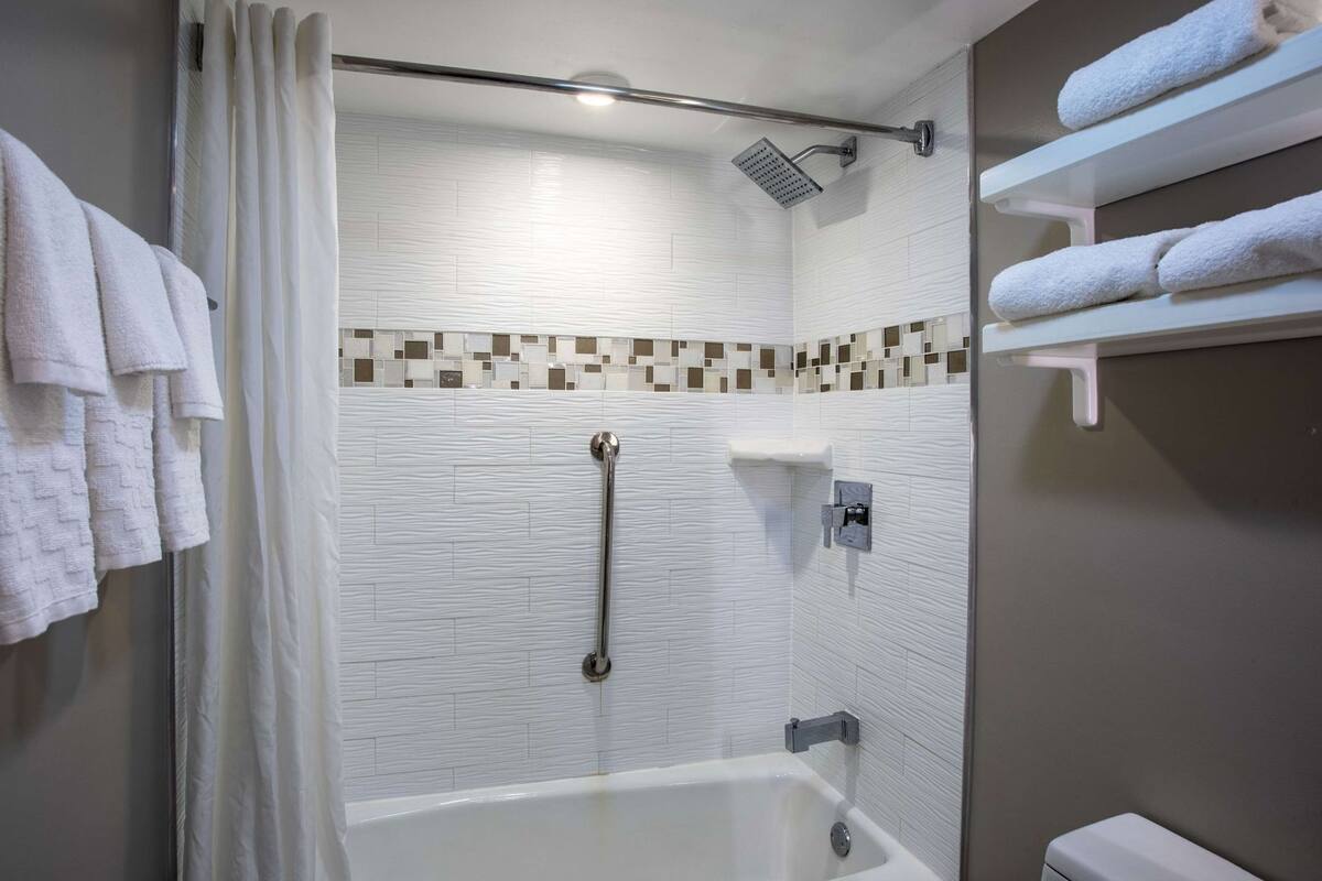 A bathroom with a shower, a bathtub, a towel rack, and a toilet.