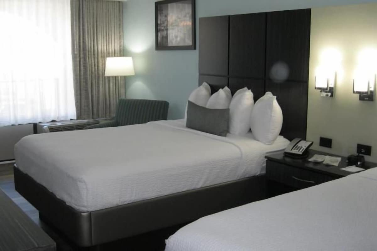 A hotel room with a bed, bedside table, lamp, chair, and a desk.