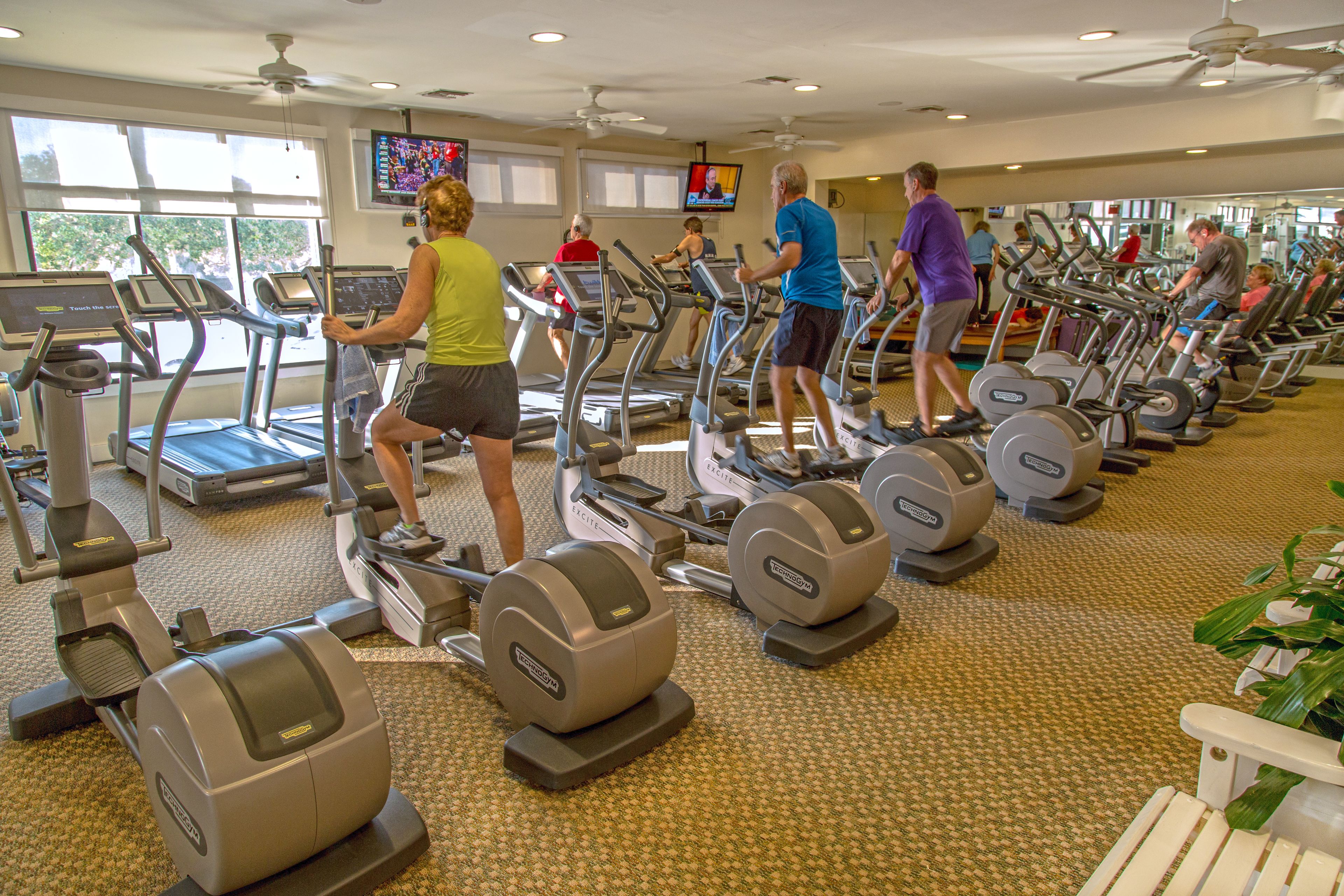 A gym with treadmills and stationary bikes arranged in rows.