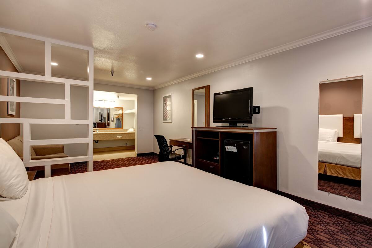 A hotel room with a large bed, a desk with a chair, a television, and a mirror.