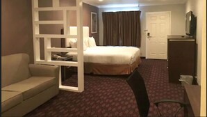 Une chambre d’hôtel avec un lit, un canapé, un bureau et une télévision.