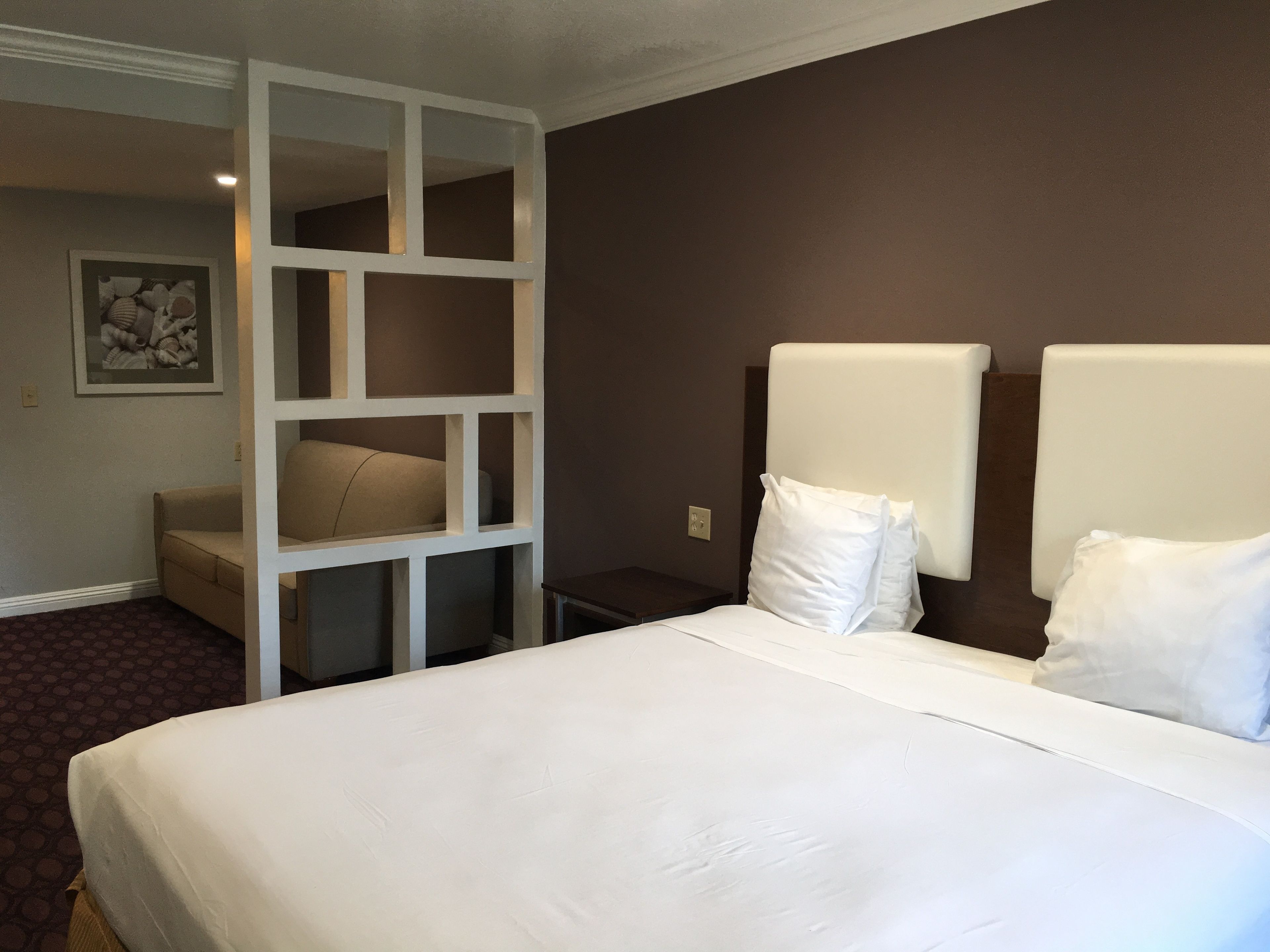 A hotel room with a large bed, a seating area with a sofa and a white partition, and a framed picture on the wall.