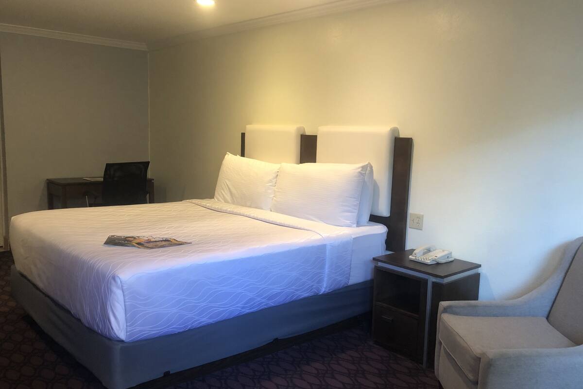 A hotel room with a large bed, a bedside table with a phone, a chair, and a desk with a lamp.