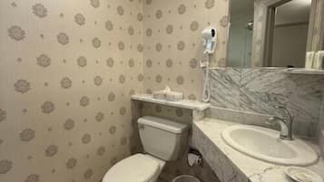 A bathroom with a toilet, sink, and mirror.