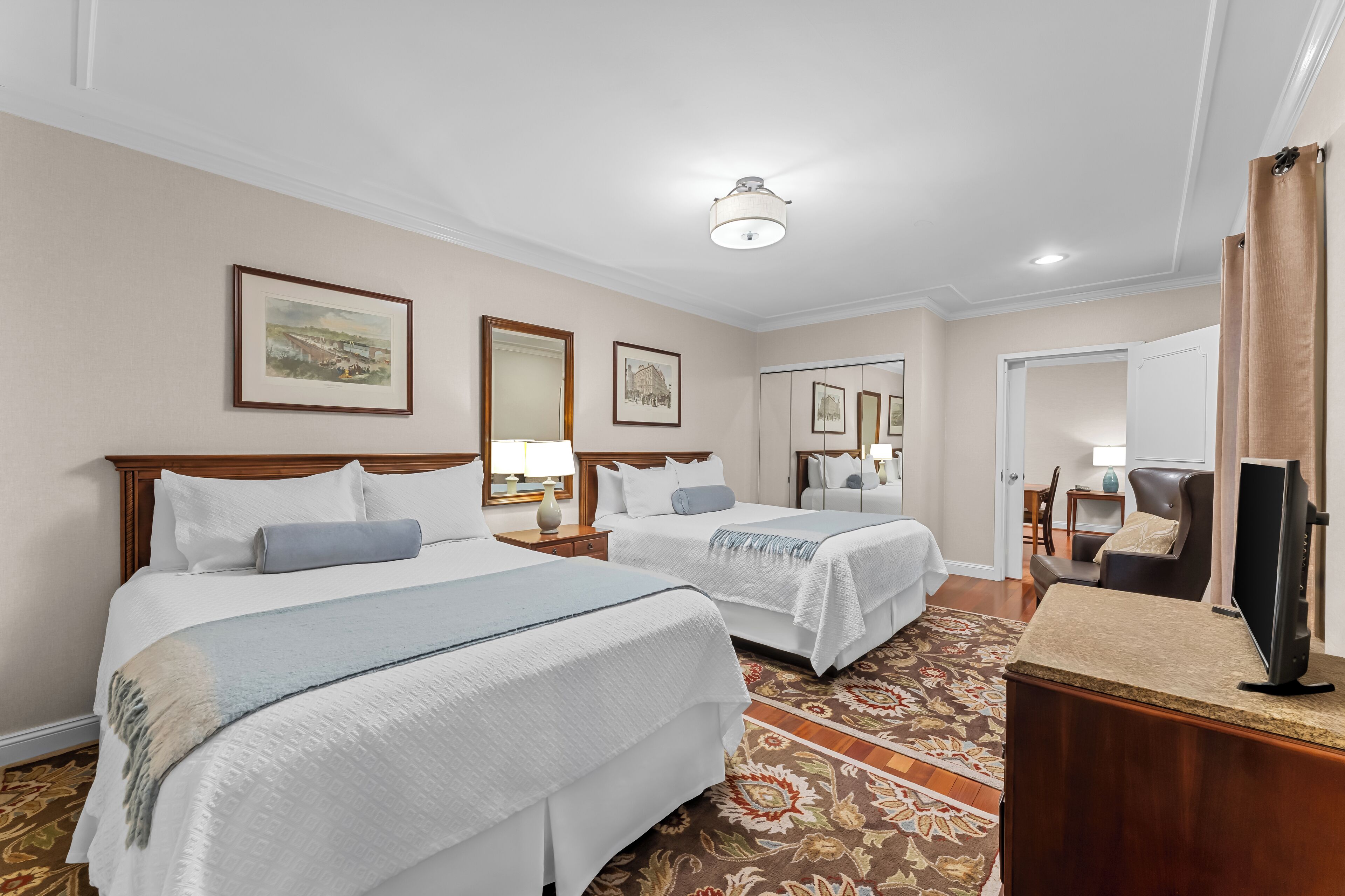 Family Room, TWO QUEEN BED SUITE with Wet Bar | Premium bedding, down comforters, pillowtop beds, individually decorated