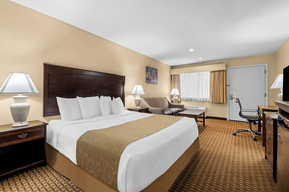 Une chambre d’hôtel avec un grand lit, deux tables de chevet avec des lampes, un bureau avec une chaise, un canapé et une porte.