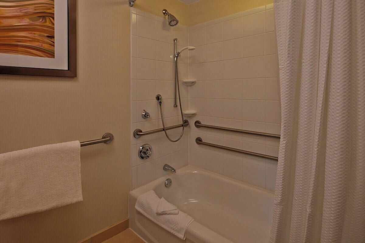 combined shower/bathtub, free toiletries, hair dryer, towels