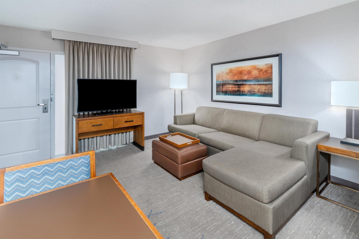 A hotel room with a sofa, a television, a lamp, and a painting on the wall.