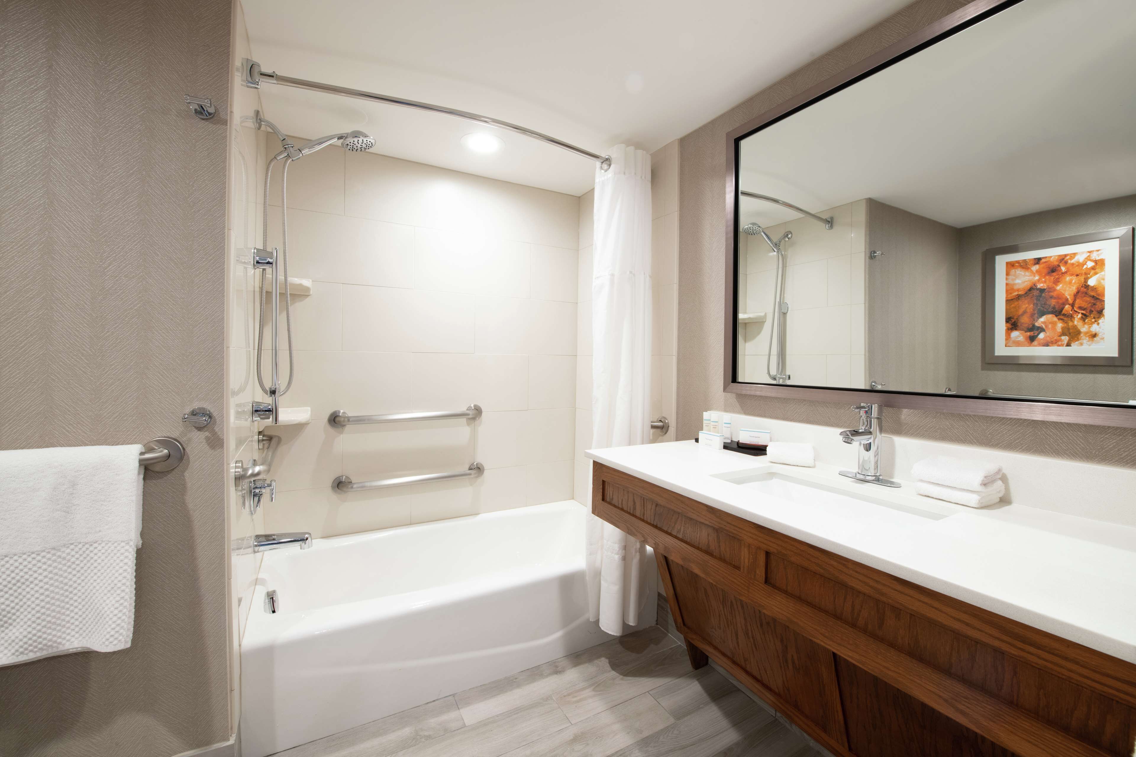 combined shower/bathtub, free toiletries, hair dryer, towels